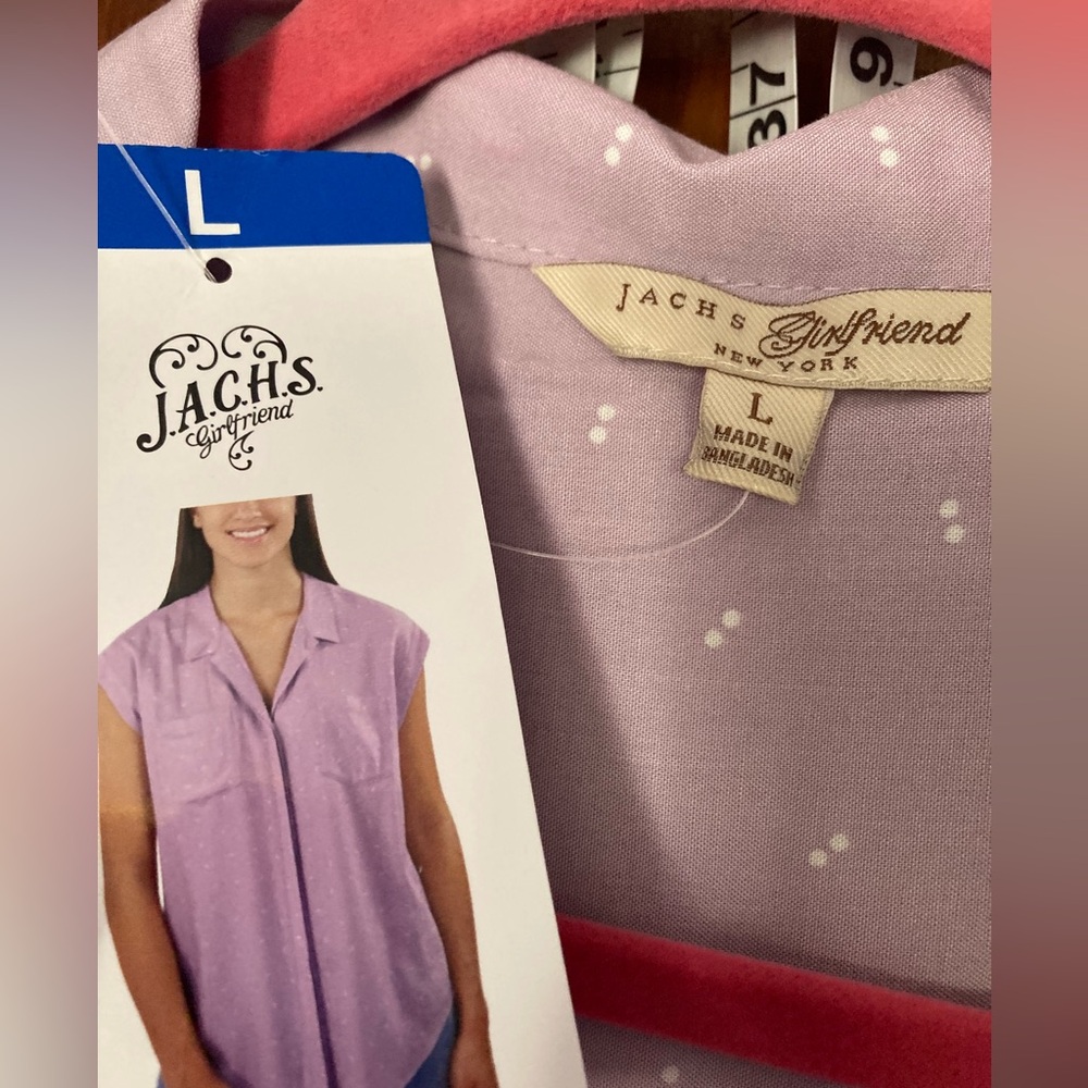 NWT JACHS Girlfriend Button Up short sleeve Top Purple w/Dots LARGE - Picture 2 of 7